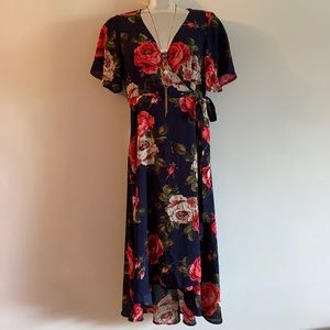 Forever 21 Navy Blue Floral Wrap Midi Dress #NWT